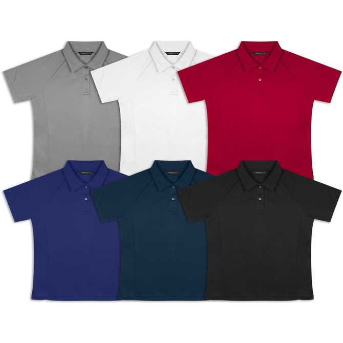 A collection of polo shirts in grey, white, red, purple, navy, and black, featuring a logo on each.