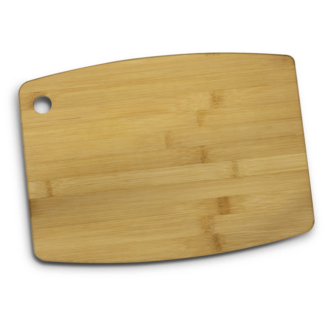 A bamboo chopping board in a natural wood colour with a rounded edge and a hole for hanging.