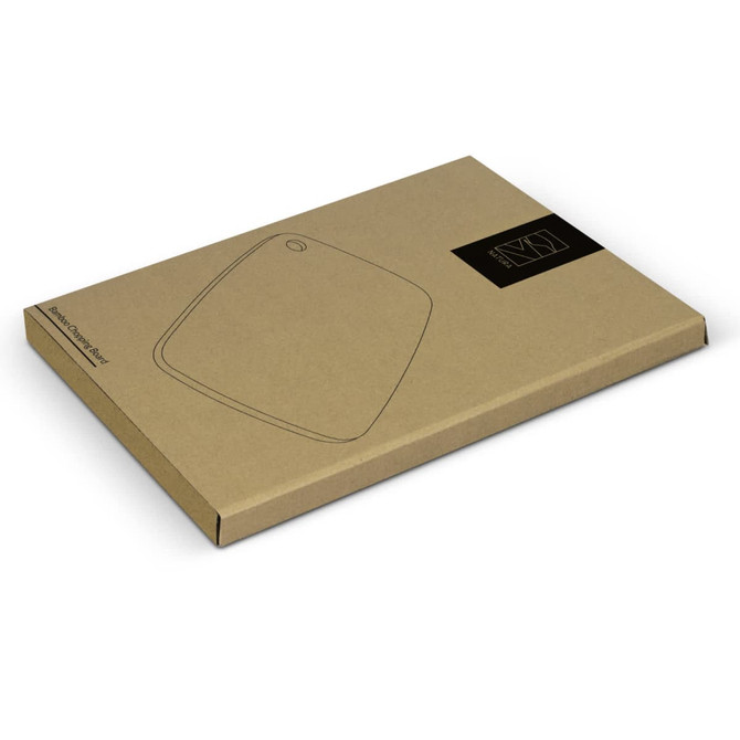 A bamboo chopping board in a light brown packaging with a simple design and logo.
