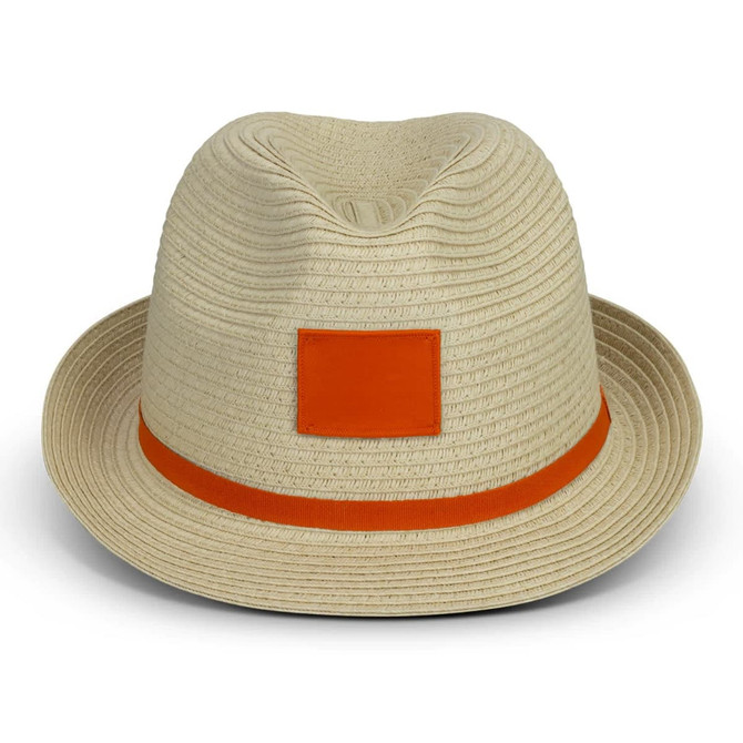 A straw fedora hat in light beige with an orange band and a blank area for branding.