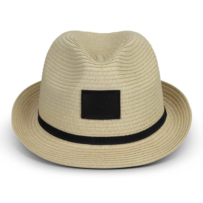 A beige fedora hat with a black band and a blank patch on the front.
