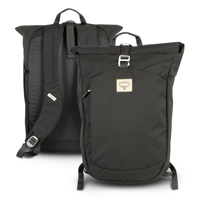 A roll top backpack in dark green with adjustable straps and a logo on the front. Features a minimalist design.