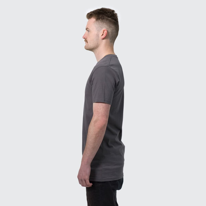A grey men's T-shirt displayed on a model from the side, featuring a round neckline and short sleeves.