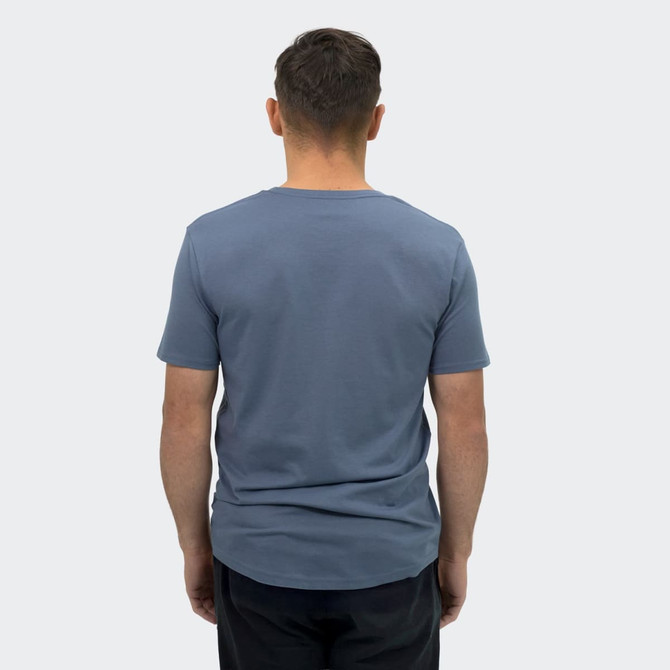 A men's T-shirt in a soft blue colour, featuring a simple design with a logo on the back.