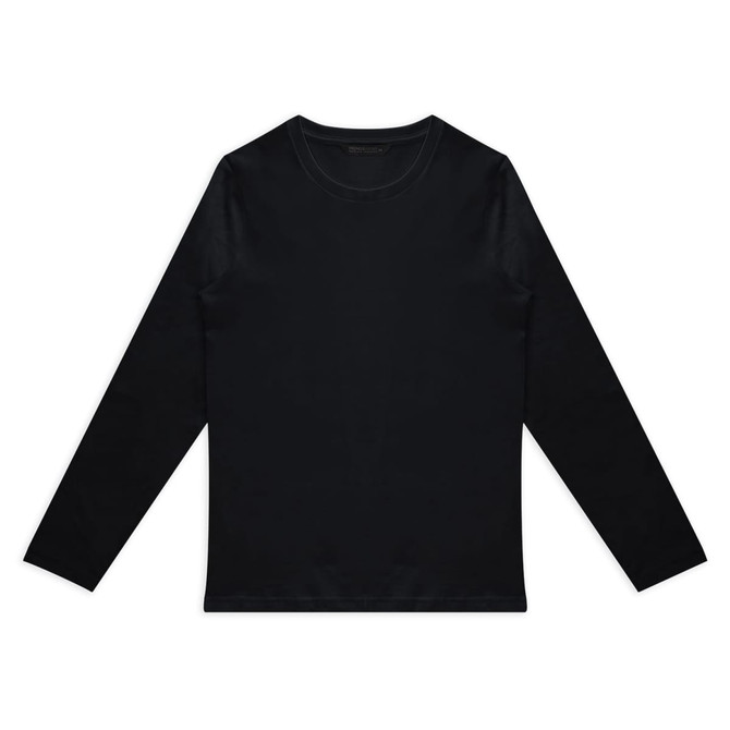 A black long sleeve crew shirt featuring a simple design and a logo.