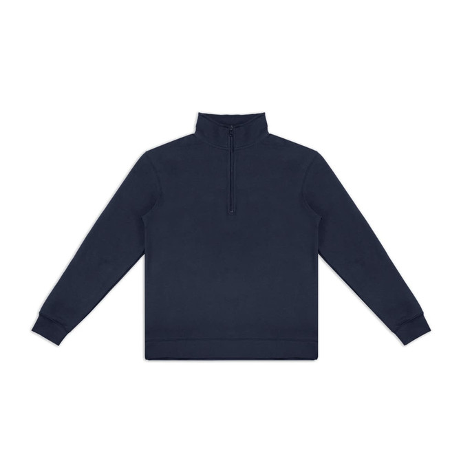 A navy blue unisex quarter zip jumper with long sleeves and a high collar. It features a logo.