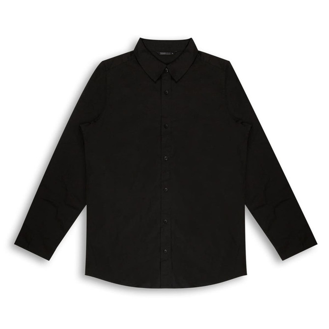 A black button-up shirt with a classic collar and long sleeves, featuring a logo.