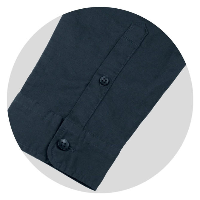 A dark grey button-up shirt sleeve featuring a double-button cuff and neat stitching. It has a logo on the fabric.