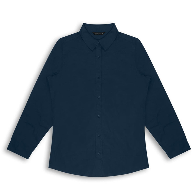 A navy blue long-sleeve women's poplin button-up shirt with a collar and a logo.