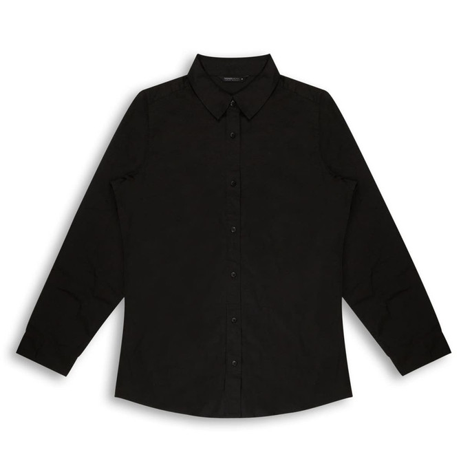 A black button-up women's poplin shirt with long sleeves and a collar, featuring a logo.