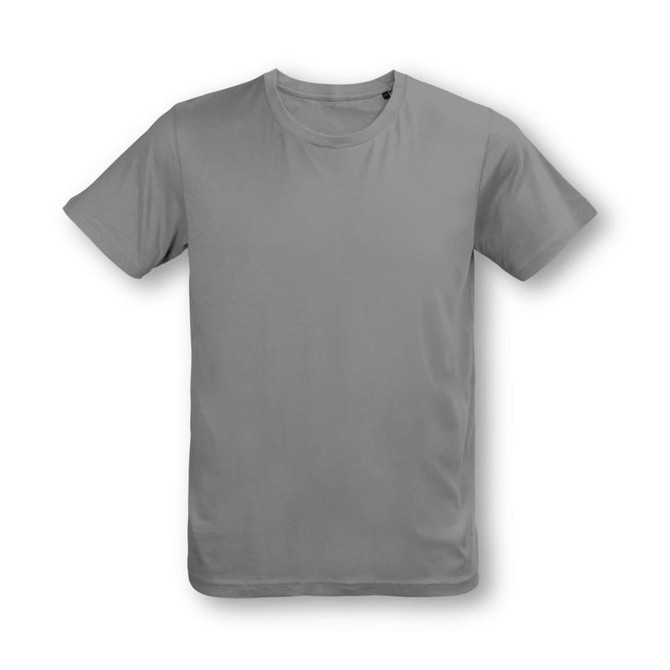 A plain grey youth t-shirt featuring a round neck and short sleeves, with a visible logo on the fabric.