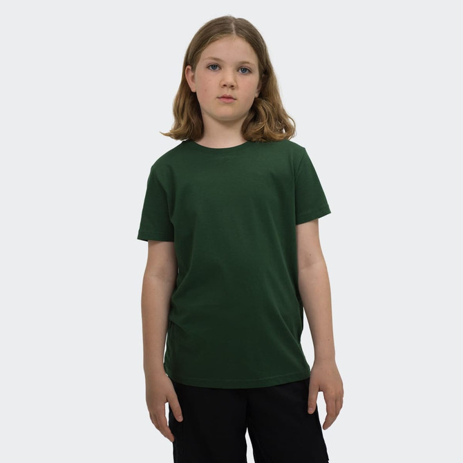A youth T-shirt in dark green displayed on a child, featuring short sleeves and a crew neck. The shirt has a logo.