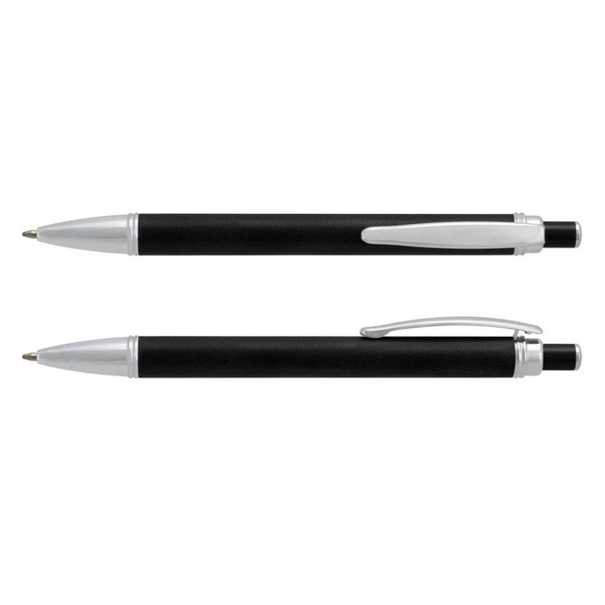 A metal guilloche pen in black with silver accents, featuring a textured grip and a clip.