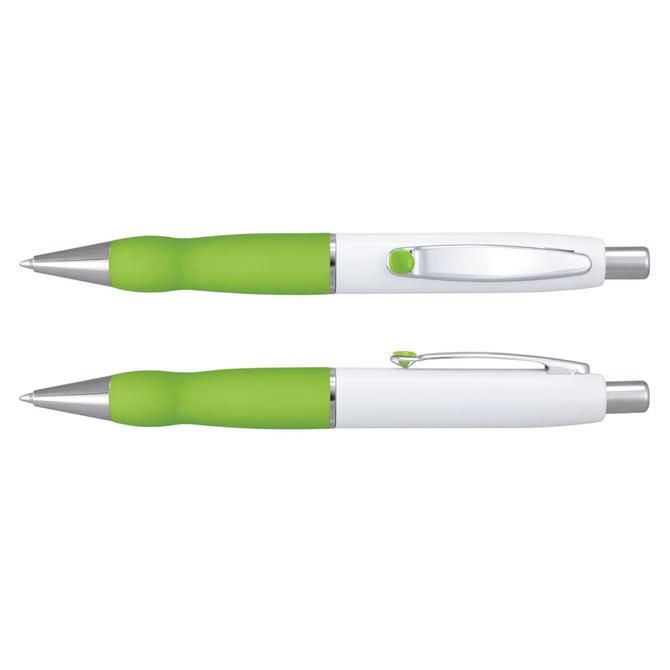A metal pen with a white barrel and green rubber grip, featuring silver accents and a clip.