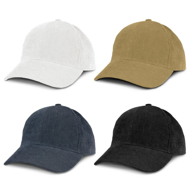 A corduroy cap featuring four colours: white, khaki, navy, and black, with a logo on the front.
