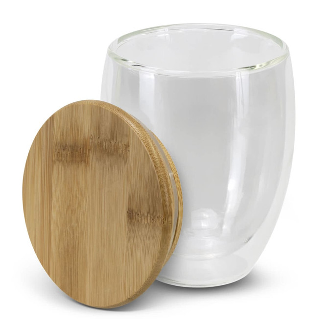 A drink cup with a clear glass body and a bamboo lid, designed for coffee or other beverages.