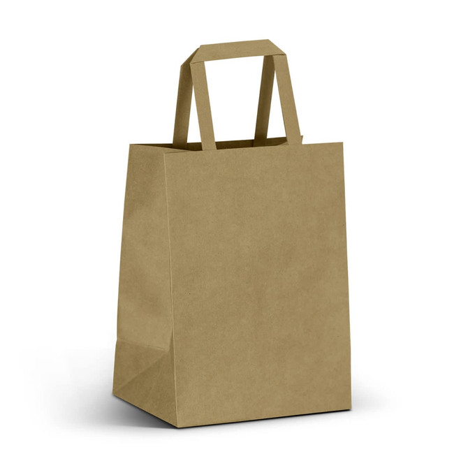 A medium flat handle paper bag in a natural brown colour with two sturdy handles.
