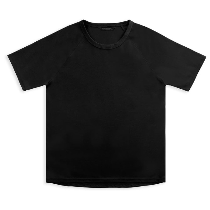 A black women's sports t-shirt with a simple design and short sleeves. It features a logo on the label.