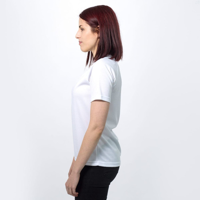 A white women's sports t-shirt with a short sleeve design, featuring a logo on the front.