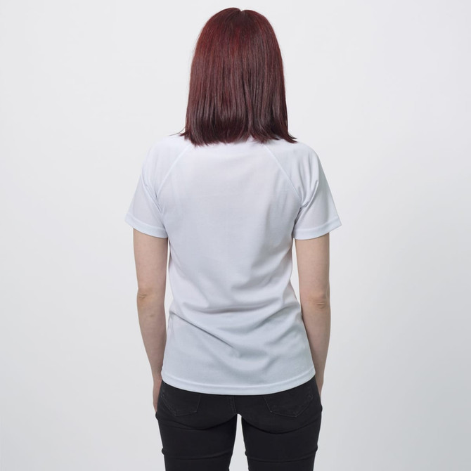 A white women's sports t-shirt with a fitted design and a logo at the back. Suitable for athletic activities.