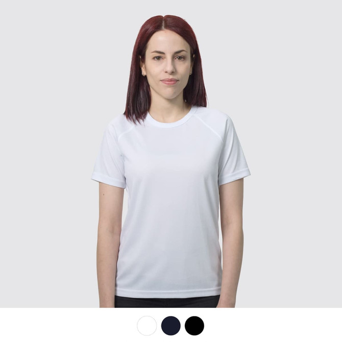 A white women's sports T-shirt with a round neck, featuring a logo, displayed on a model against a light background.