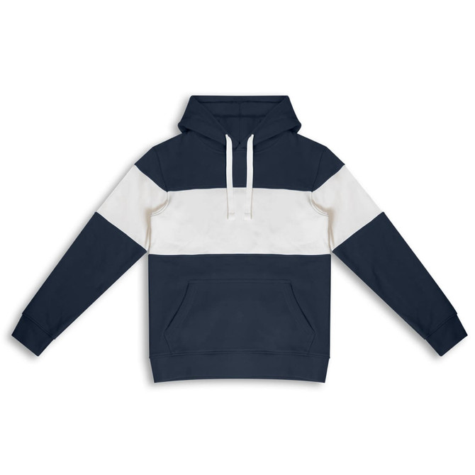 A navy and white unisex hoodie featuring a solid design, a kangaroo pocket, and a hood with drawstrings.