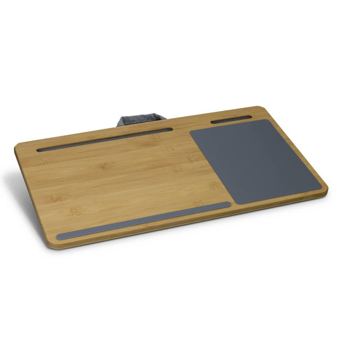 A bamboo lap desk with a grey silicone surface and adjustable strap for easy handling. It features sleek, natural wood.