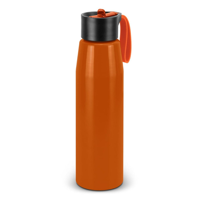 A drink bottle in vibrant orange with a black lid and an orange handle. It features a logo on the side.
