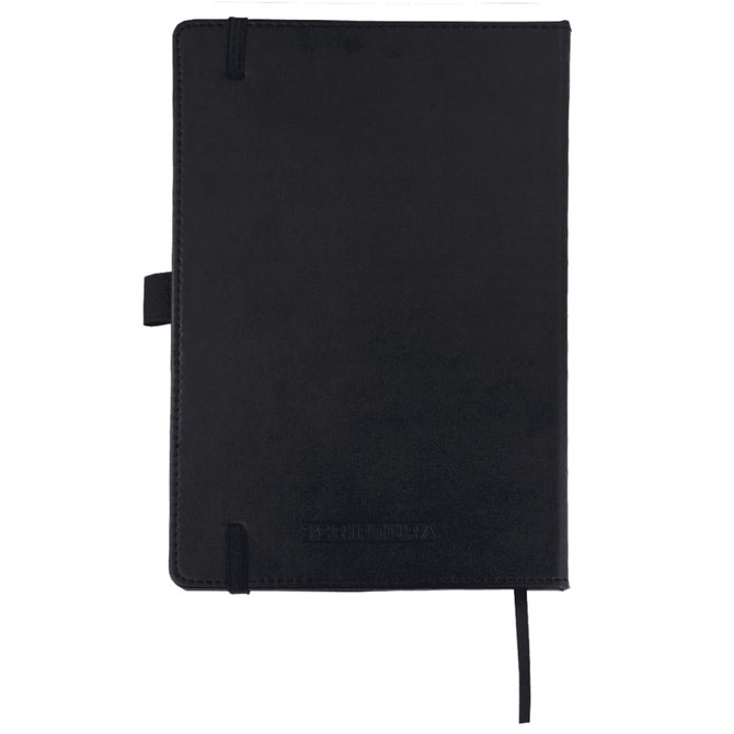A black A5 journal with a textured cover, featuring a logo and a ribbon bookmark.