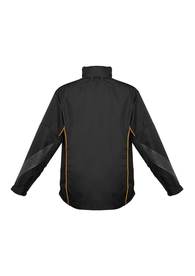 A black jacket with yellow accents and reflective design elements, featuring long sleeves and a high collar.