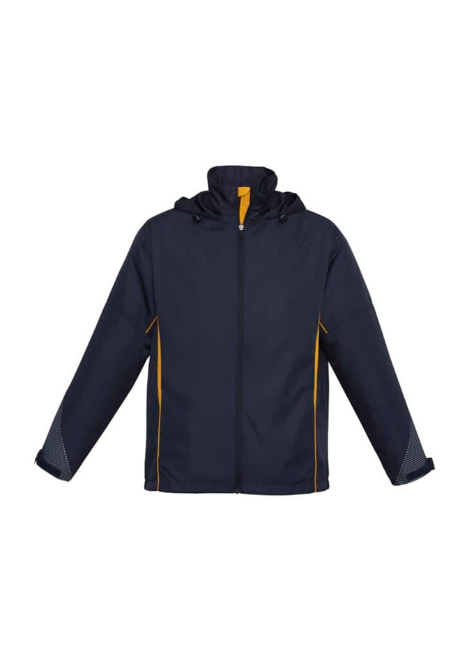 A navy jacket with yellow accents and a hood, featuring a logo on the front.