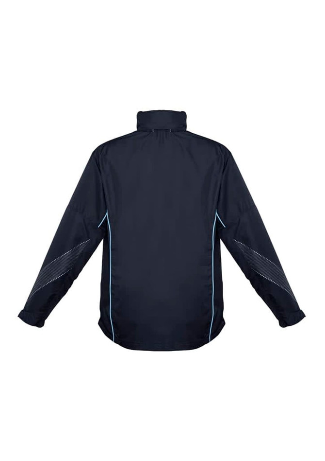 A dark navy jacket with light blue accents and a high collar, featuring multiple seams and a logo.