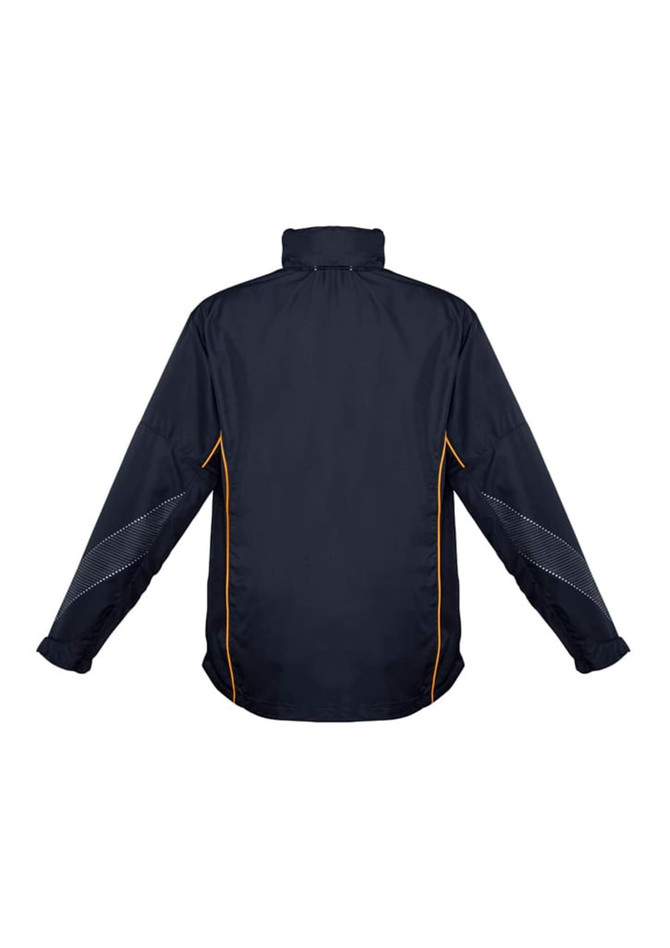 A unisex black jacket with yellow accents and reflective detailing, featuring a high collar and long sleeves.