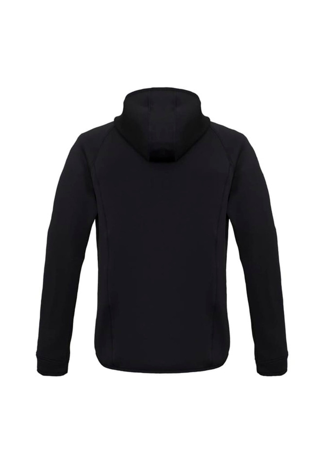 A black puffer jacket with a hood, showcasing a sleek design and fitted silhouette, featuring branding on the back.
