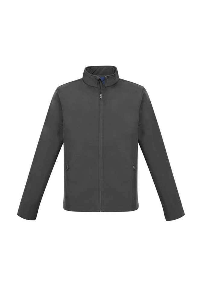 A grey jacket with a high collar and zip front, featuring side pockets and a logo.