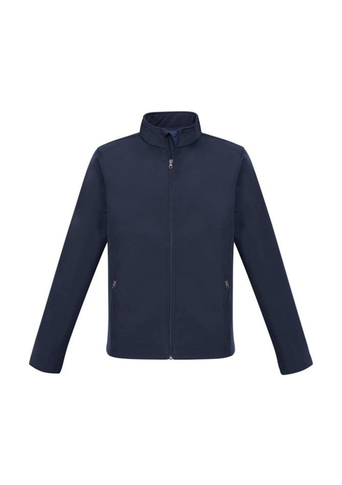 A navy jacket with a zip front, long sleeves, and side pockets. It features a branding logo.