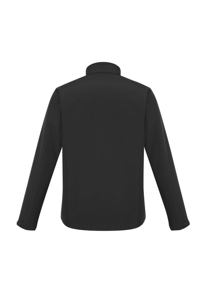 A black soft shell jacket with a high collar and long sleeves, featuring a logo on the back.