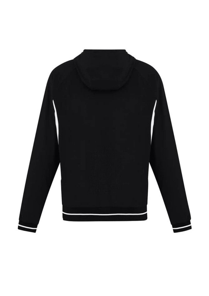 A black soft shell jacket with a hood, featuring white stripes along the sides and a branded logo.