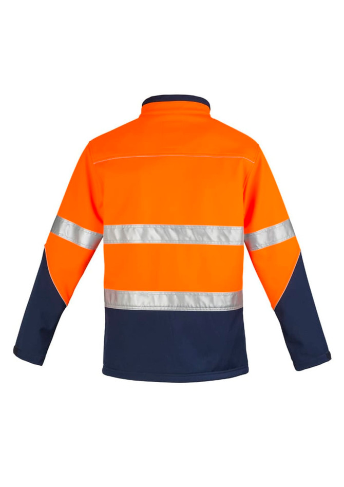 A unisex hi-vis softshell jacket in bright orange with reflective stripes and navy blue accents.