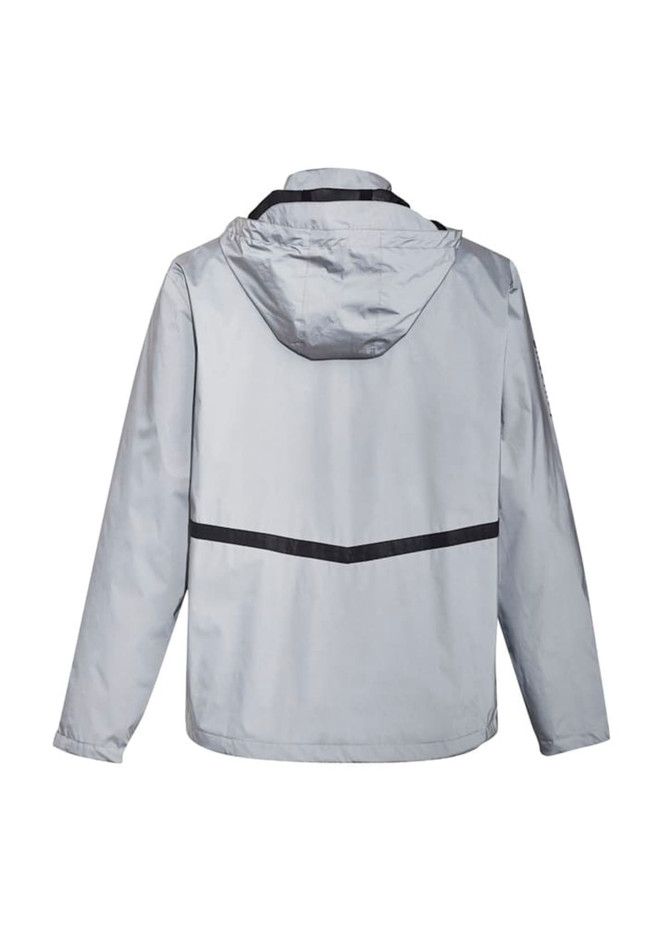 A grey unisex reflective waterproof jacket with a hood and black detailing on the back. Features a logo.