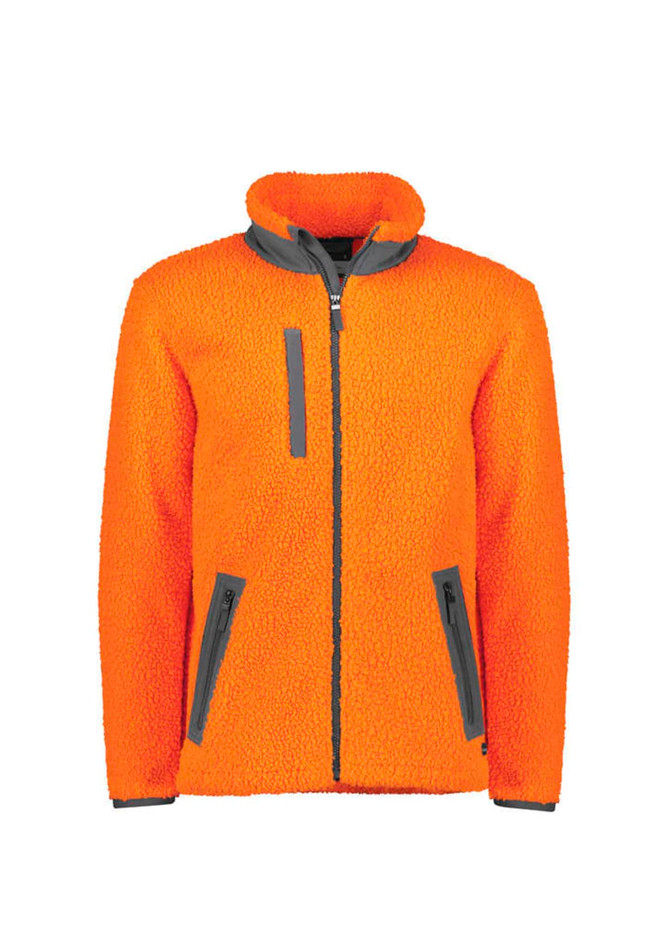 Unisex orange Sherpa fleece full zip jumper with grey accents and pockets, featuring a logo.