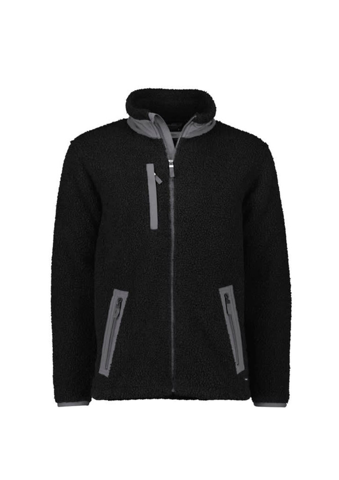 A black unisex full zip sherpa fleece jacket with grey accents and multiple zippered pockets.