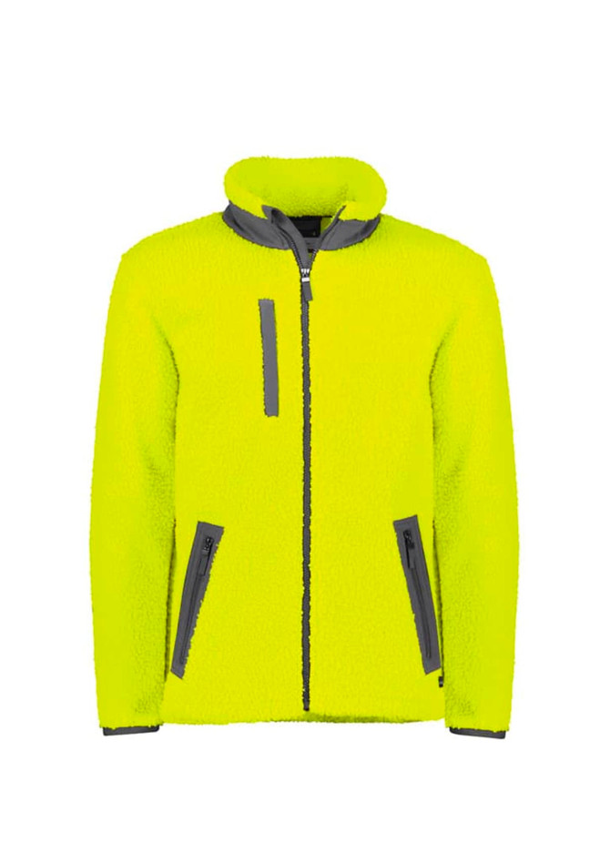A bright yellow unisex fleece jacket with a full zip and grey accents, featuring zippered pockets and a stand-up collar.