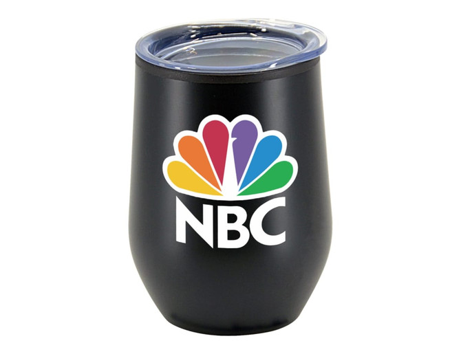 A black double wall travel mug featuring a logo and a transparent lid, suitable for beverages on the go.