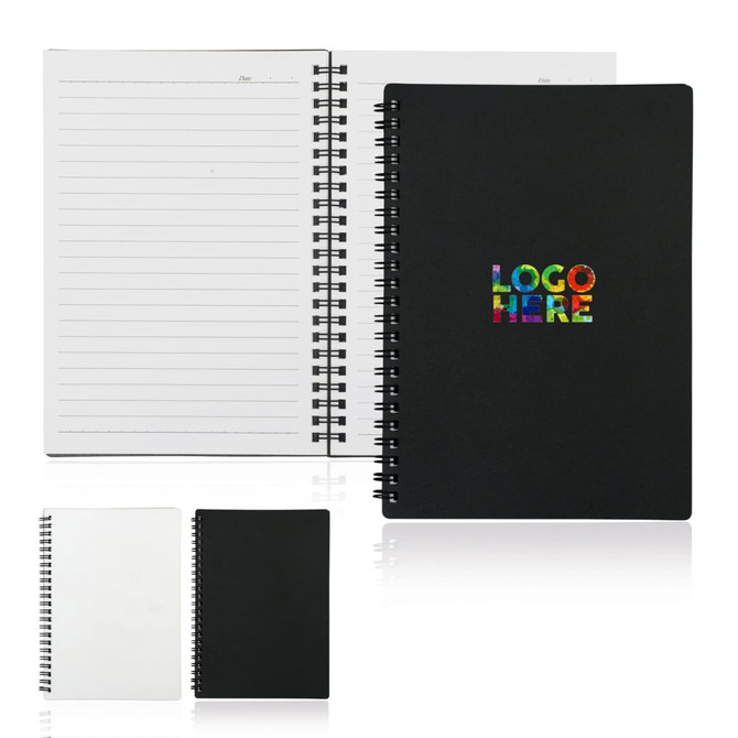 A spiral-bound A5 notebook with a black cover, featuring lined pages and a logo.
