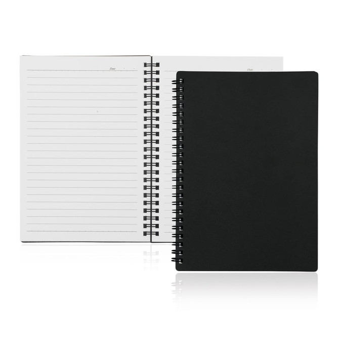 A spiral-bound A5 notebook with a sleek black cover, featuring lined pages inside.