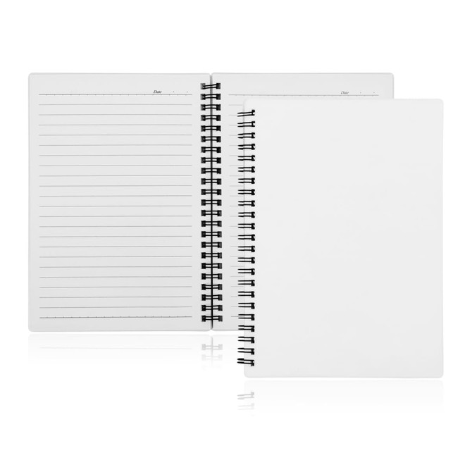 A spiral-bound A5 notebook with lined pages and a blank page, featuring a black spiral binding.