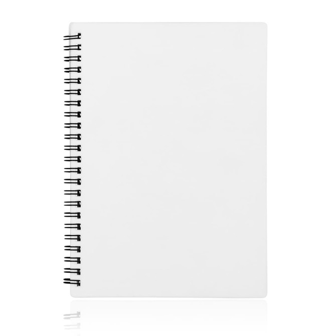 A white A5 spiral bound notebook with a black spiral binding and a plain cover.