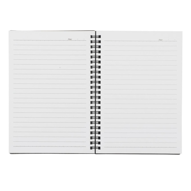 A spiral-bound A5 notebook with blank lined pages and a black cover. It features a simple design without any text.