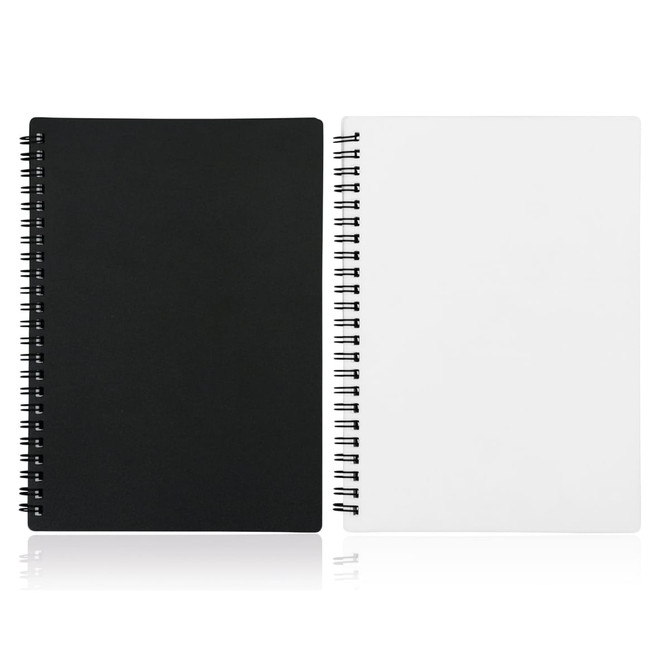 A5 spiral-bound notebook featuring a black cover on one side and a white cover on the other, with spiral binding.